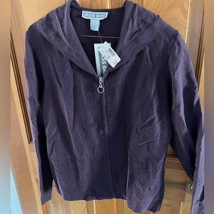 NWT Women’s long sleeve hooded silk purple zip top. Size small, dry clean only.